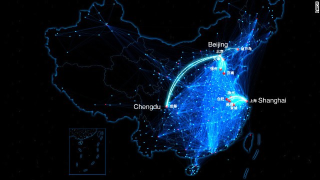  Chinese social network Baidu has developed a moving map of Chinese people as they travel home for Chinese New Year.