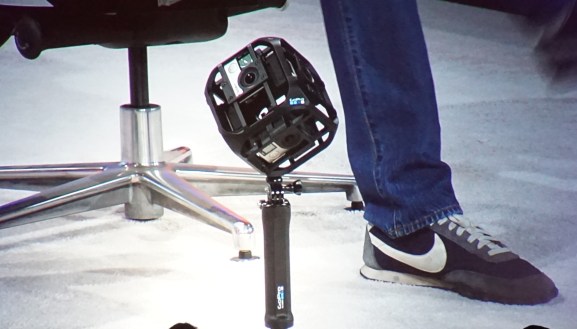 Six GoPro Hero 4 cameras in this rig can capture spherical video.