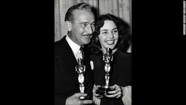 Character actor Paul Lukas faced stiff competition from stars Humphrey Bogart ("Casablanca") and Gary Cooper ("For Whom the Bell Tolls"), but he was able to take home the Oscar for "Watch on the Rhine." Lukas and best actress winner Jennifer Jones celebrate at the ceremony held in 1944. 