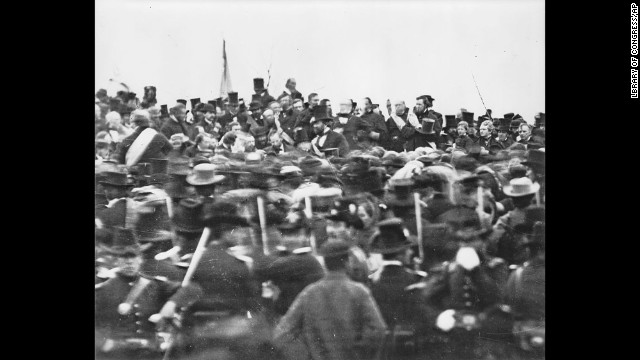 President Lincoln is seen in the distance as he arrives at Gettysburg, Pennsylvania, on November 19, 1863, to dedicate the Soldiers' National Cemetery. It was 4 1/2 months after the Union armies defeated those of the Confederacy at the Battle of Gettysburg when he delivered his magnificent Gettysburg Address.
