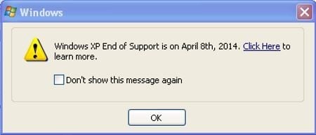 Microsoft's dialog box announcing the death of Windows XP