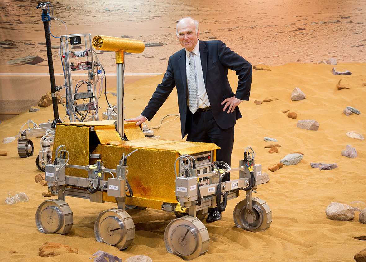 Business Secretary Vince Cable stands with the Bridget rover at Airbus Defence and Space in Stevenage. The Mars Yard provides a test-bed area for prototype rovers