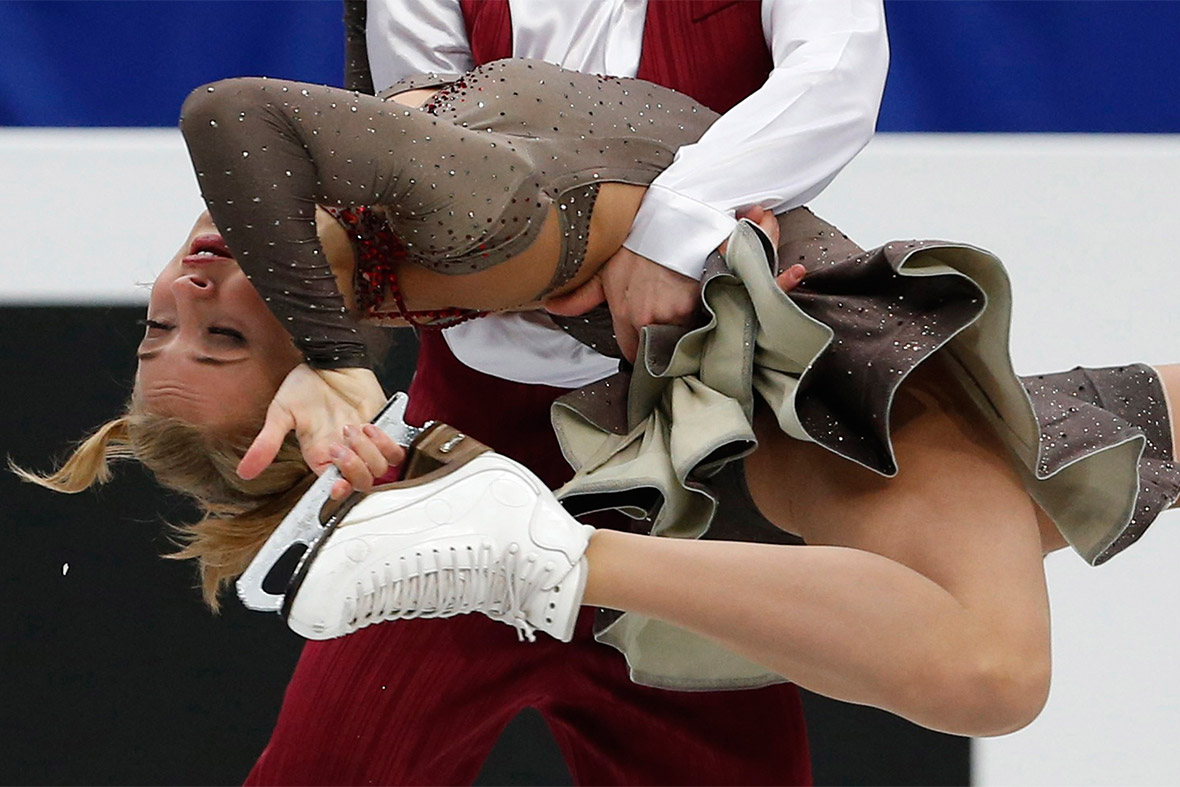 Russia's Victoria Sinitsina and Ruslan Zhiganshin compete during the ice dance short dance programme at the ISU World Figure Skating Championships in Saitama, Japan