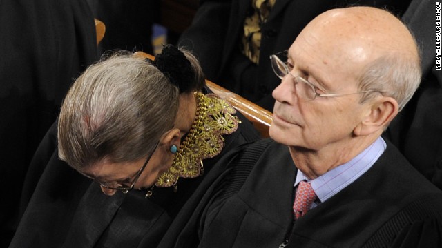 Supreme Court Justice Ruth Bader Ginsburg, head down, and Justice Stephen Breyer were among five members of the Supreme Court to attend the State of the Union address.
