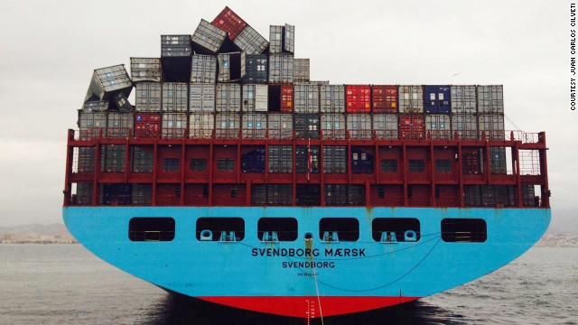 The Svendborg Maersk was struck by high wind and waves off the coast of France after it left the Bay of Biscay By the time it had reached the Spanish port of Malaga, more than 500 containers were unaccounted for. 