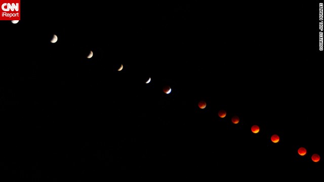 Joel Morales says he superimposed 100 separate images to create this progression photo of the blood moon over Dundedin, Florida, in April.