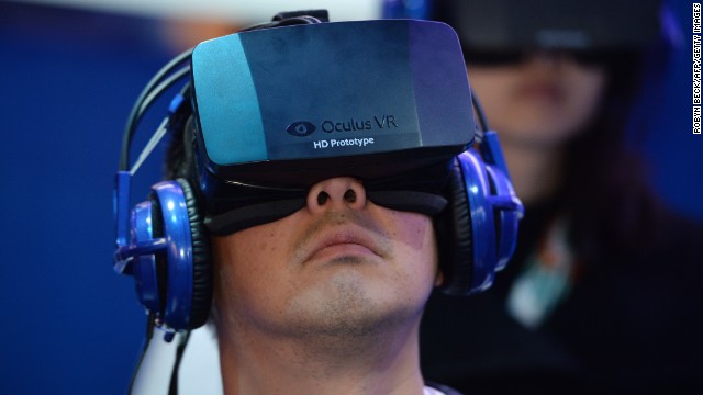 A gamer wearing an Oculus virtual-reality headset. 