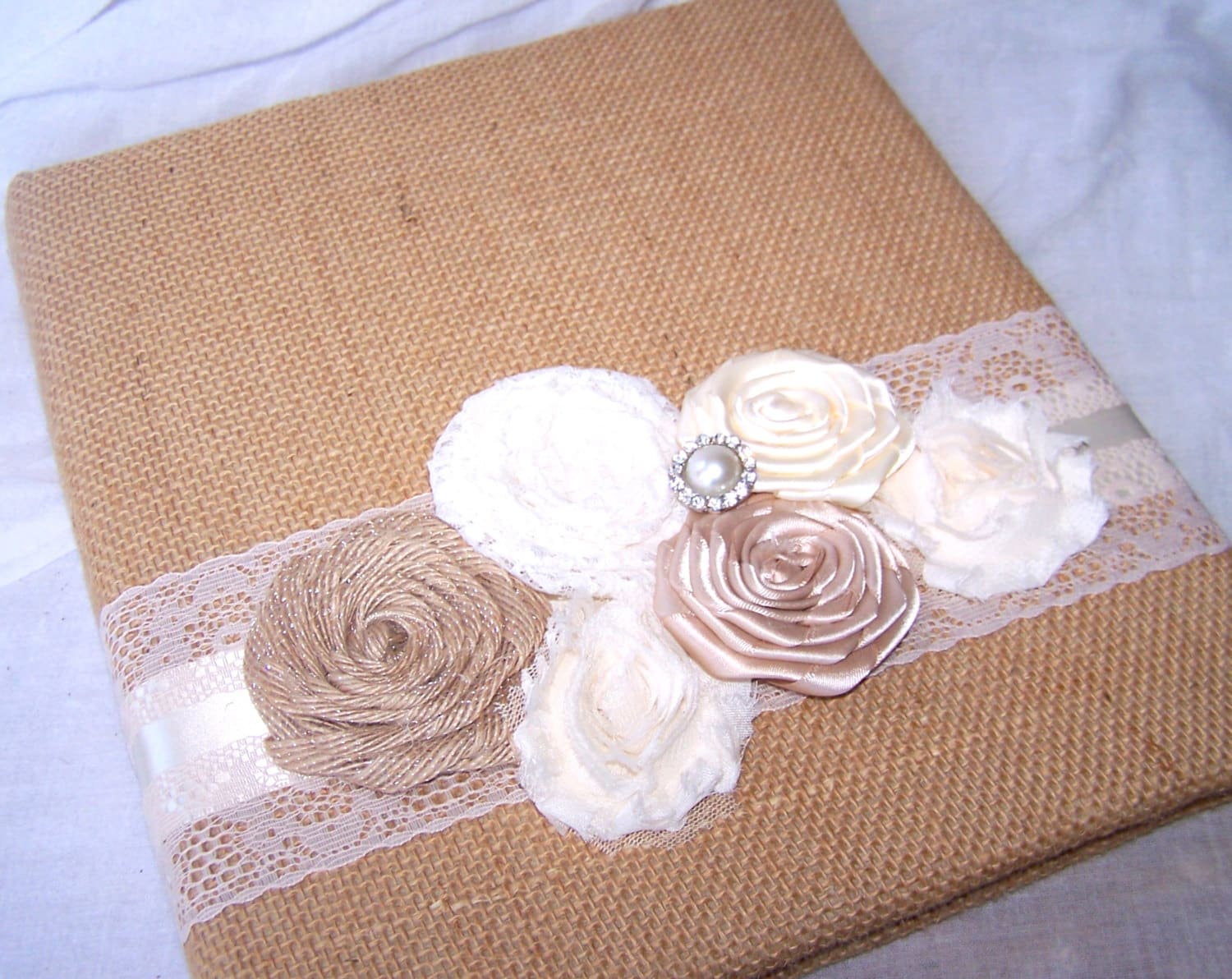 Burlap WEDDING GUEST BOOK with Photo Spot - Burlap and Lace, Ivory Lace, Shabby Chic Flower, Rosettes, Lace, Custom colors available