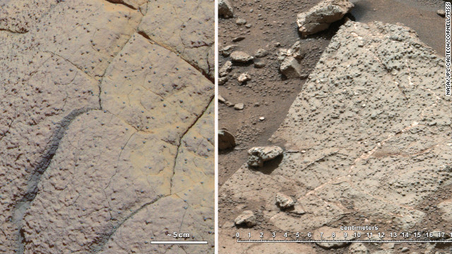 The rock on the left, called Wopmay, was discovered by the rover Opportunity, which arrived in 2004 on a different part of Mars. Iron-bearing sulfates indicate that this rock was once in acidic waters. On the right are rocks from Yellowknife Bay, where rover Curiosity is situated. These newly discovered rocks are suggestive of water with a neutral pH, which is hospitable to life formation.