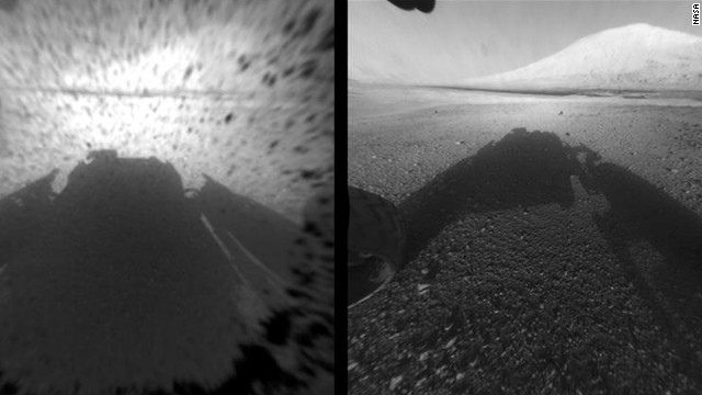 This image comparison shows a view through a Hazard-Avoidance camera on NASA's Curiosity rover before and after the clear dust cover was removed. Both images were taken by a camera at the front of the rover. Mount Sharp, the mission's ultimate destination, looms ahead. 