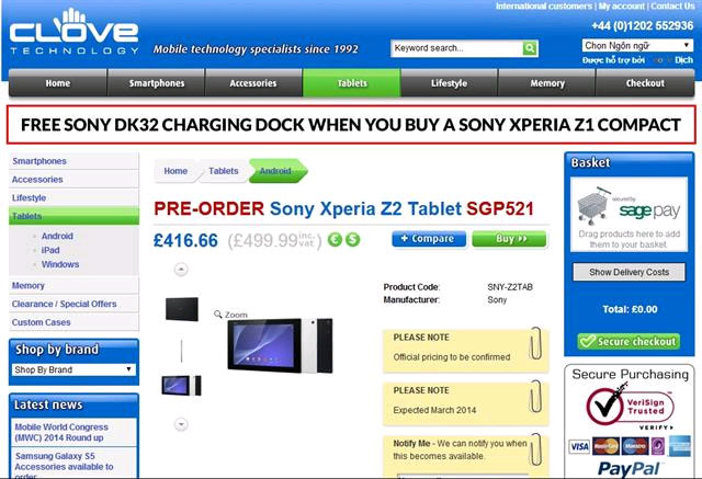 Đến lượt Sony Xperia Z2 Tablet có giá bán
