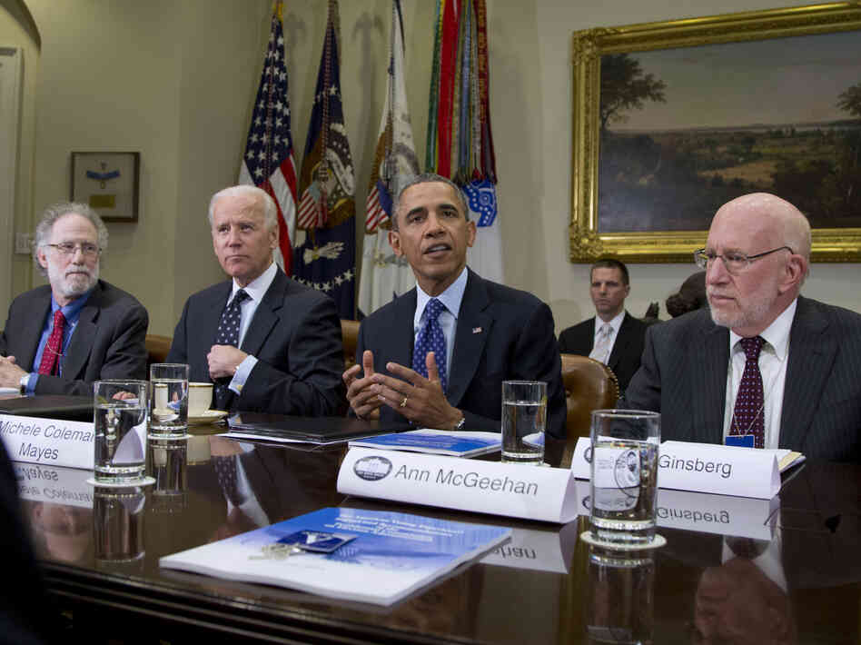 President Obama speaks to media as he meets with, from left, Robert Bauer, Co-Chair, Presidential Commission on Election Administration, Vice President Joe Biden, and Benjamin Ginsberg, Co-Chair, Presidential Commission on Election Administration, and other members of the Presidential Commission on Election Administration on Jan. 22.