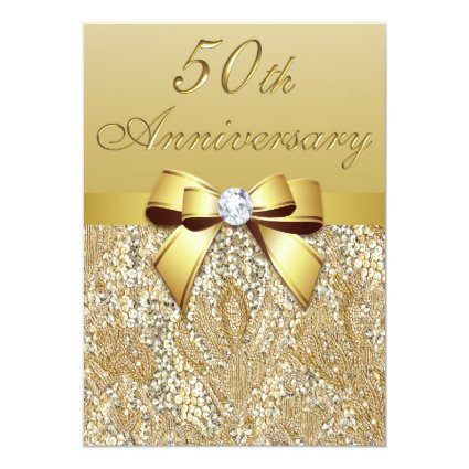 50th Gold Wedding Anniversary Faux Sequins and Bow 5x7 Paper Invitation Card