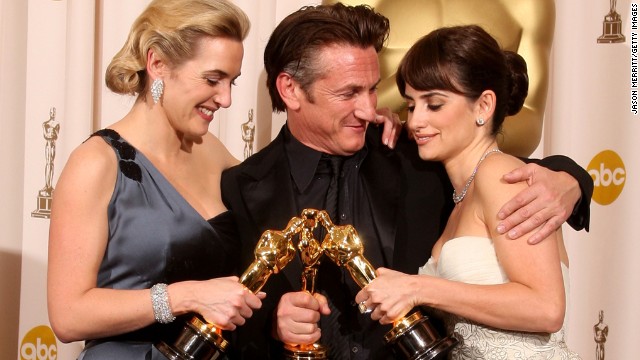 Sean Penn, here with best actress Kate Winslet, left, and best supporting actress Penelope Cruz, gave the performance of a lifetime as openly gay politician and activist Harvey Milk in "Milk." The academy rewarded Penn with his second best actor Oscar at the 2009 ceremony. 