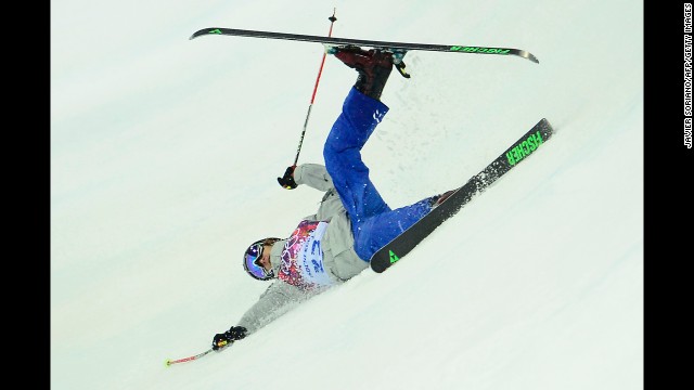 Russia's Pavel Nabokikh crashes in the men's halfpipe on February 18.