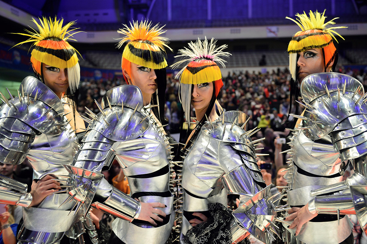 Models display creations during the Hair and Beauty World Cup in Frankfurt, Germany.