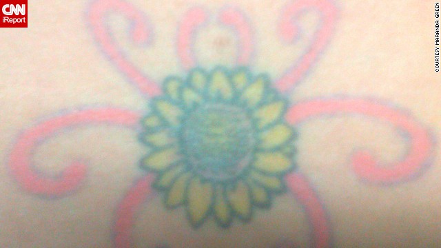 Maranda Green's mother passed away from complications of polycystic kidney disease when she was just 14. At 19, Green was diagnosed with the same condition. The meaning of her sunflower tattoo is twofold: It's in memory of her mom, and it's a symbol of her own resolve in fighting the disease. Why a sunflower? "My mom always loved those big, seemingly flowing fields of sunflowers," said Green. The tattoo is, of course, on her lower back -- over the kidneys.
