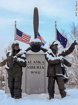 The Alaska Siberia World War II Memorial honors U.S. and Soviet pilots who transported nearly 8,000 warplanes from the continental United States to Russia between 1942 and 1945. Due to weather or mechanical problems, 177 planes crashed en route. The memorial is located in Griffin Park in downtown Fairbanks. Click <a href='http://ift.tt/NlN1WH' target='_blank'>here</a> to see more of photographer Pat Costello's Alaska pictures.