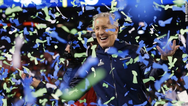 Seattle Seahawks head coach Pete Carroll celebrates his team's remarkable 43-8 win over the Denver Broncos in Super Bowl XLVIII.