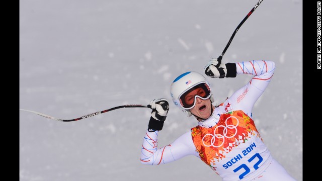 American skier Julia Mancuso reacts at the end of her downhill run in the super-combined event February 10.