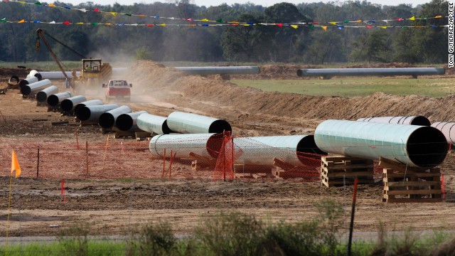 Keystone pipeline sections lie next to a family farm in Sumner, Texas.