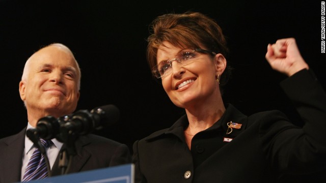 Republican presidential candidate John McCain stands with newly announced running mate Sarah Palin in August 2008 in Dayton, Ohio. McCain made the Palin announcement the day after Barack Obama accepted the Democratic presidential nomination.