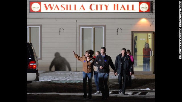 Sarah Palin and her husband, Todd, leave City Hall after she voted in her hometown of Wasilla on Election Day in November 2008. The Palins then flew to Arizona to join presidential candidate John McCain.