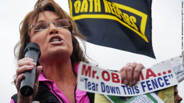 Sarah Palin fires up a rally of veterans, their families and supporters at the World War II Memorial in Washington during the partial government shutdown in October 2013.