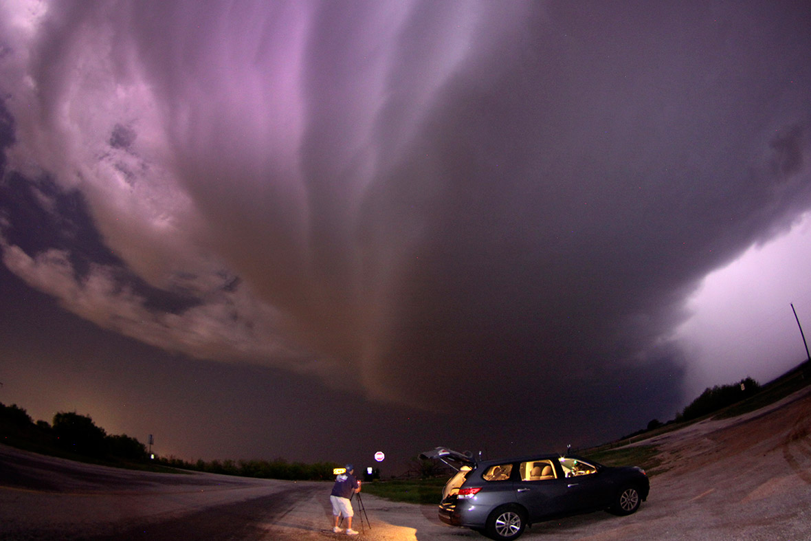 A large tornadic vortex signature thunderstorm supercell passes over storm chaser Brad Mack in Graham, Texas; a precursor of what's forecast for this coming weekend