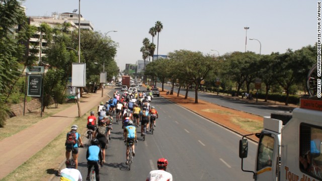 The biggest hazard for competitors? Cars. Pictured, the Tour d'Afrique convoy snakes into Kenyan capital Nairobi. (Pictured, 2013 Tour)