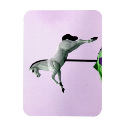 A white horse carousel statue against purple rectangular magnet