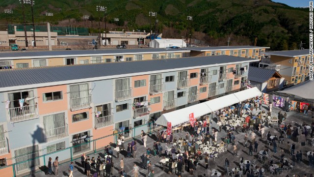 The 2011 earthquake and tsunami leveled the town of Onagawa, killing at least 300 and displacing thousands. Ban installed 1,800 temporary container houses by stacking 20-ft. shipping containers.
