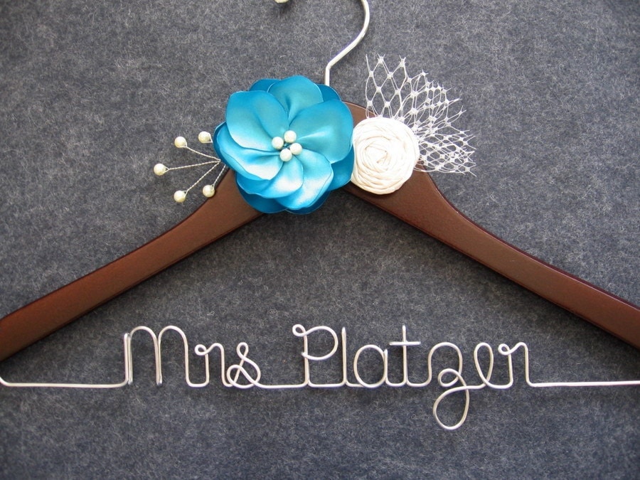 Turquoise Blue Flowers Bridal Hanger - Wedding Dress Hanger - Bride Gift - Engagment Gift - Wedding Shower Gift - Mrs Last Name Hanger