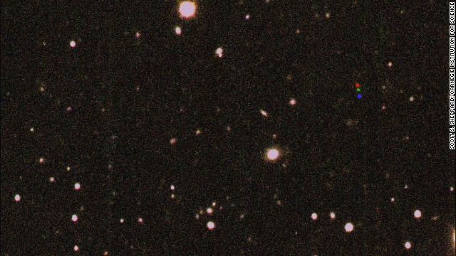 In this combined image, the colored dots show the movement of 2012 VP113. Each image was taken two hours apart.