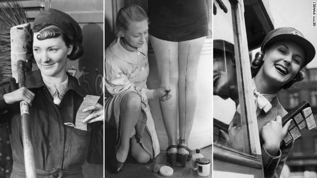 The Second World War was an interesting time for women's work wear, with many taking on the jobs of men away in battle -- such as the London Underground cleaner pictured on the left, and the bus conductor on the right. Rations also meant luxuries like stockings were in short supply. The center image shows a make-up artist drawing lines on the backs of bare legs, to give the illusion of stocking seams. 