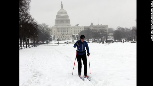 A man skis in front of the Capitol building in Washington on February 13.