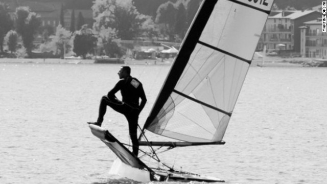 Here Stefano Rizzi poses as he waits for the start of the International Moth class's Italian Open Championship at Lake Garda. He went on to win a relatively wind-less event.