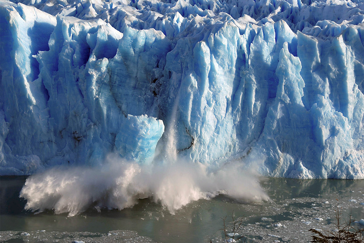 Huge chunks of ice peel off from the Perito Moreno glacier in Argentina in an unexpected rupture during the southern hemisphere's winter months, in July 2008. Higher temperatures would cause glaciers in East Africa, the Alps, the Rockies and the Andes to retreat, leading to drinkable water shortages and a rise in sea levels