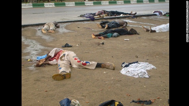 Bodies lie in the streets in Maiduguri after religious clashes in northern Nigeria, on July 31, 2009. Boko Haram exploded onto the national scene in 2009 when 700 people were killed in widespread clashes across the north between the group and the Nigerian military. 