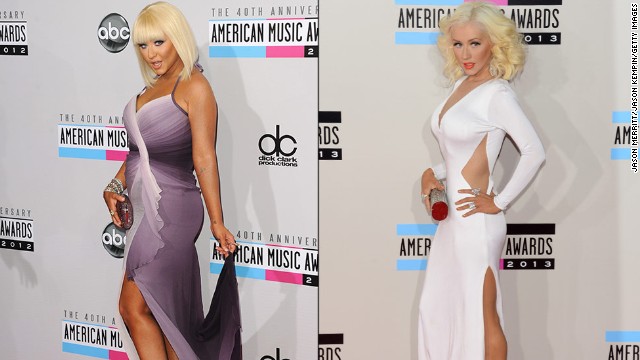 Christina Aguilera turned heads on the American Music Awards' red carpet for two years in a row. At the awards ceremony in 2013, Aguilera surprised onlookers by arriving in a skin-tight white gown with revealing cutouts, displaying a much different look than her voluptuous appearance at the 2012 event. 