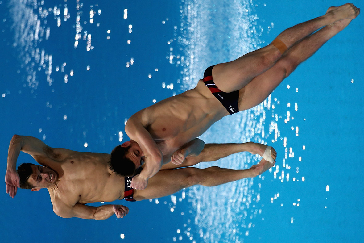 David Boudia and Troy Dumais of the USA dive in the Men's 3m Synchro Springboard Final
