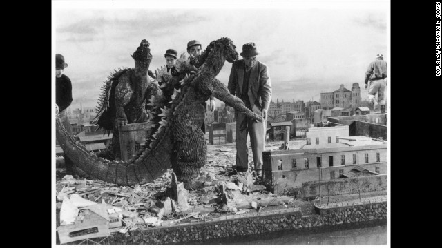 Tsuburaya supervises an effects scene from 1955's "Godzilla Raids Again." The Godzilla costume was considerably thinner than the one used in the first movie. 