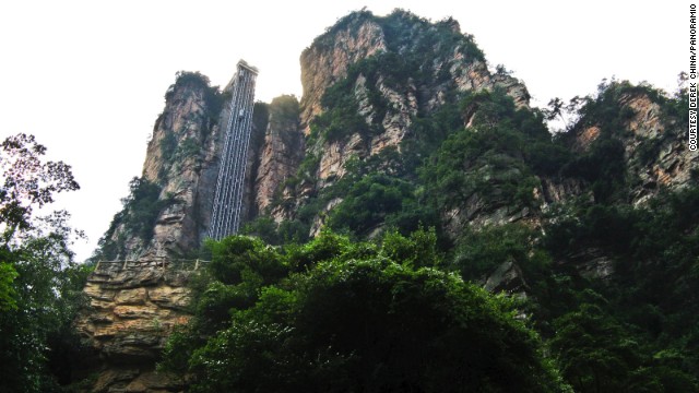 The Bailong Elevator in Hunan, China's Zhangjiajie National Forest Park travels nearly 1,070 feet up a sheer cliff.