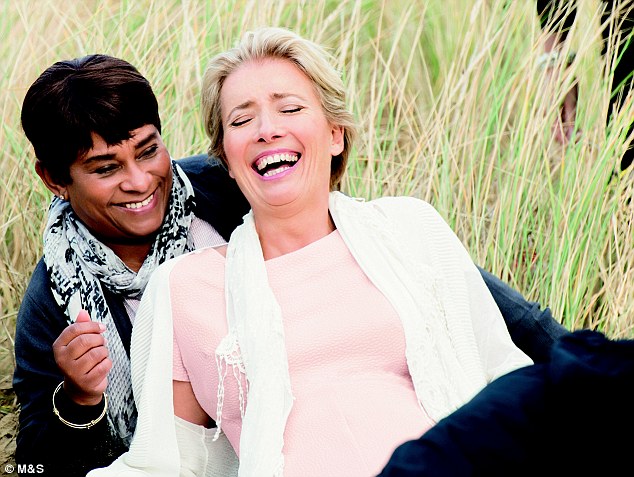 Doreen Lawrence, the British Jamaican campaigner whose son Stephen was murdered in a racist attack in South East London in 1993, laughs on set with actress Emma Thompson