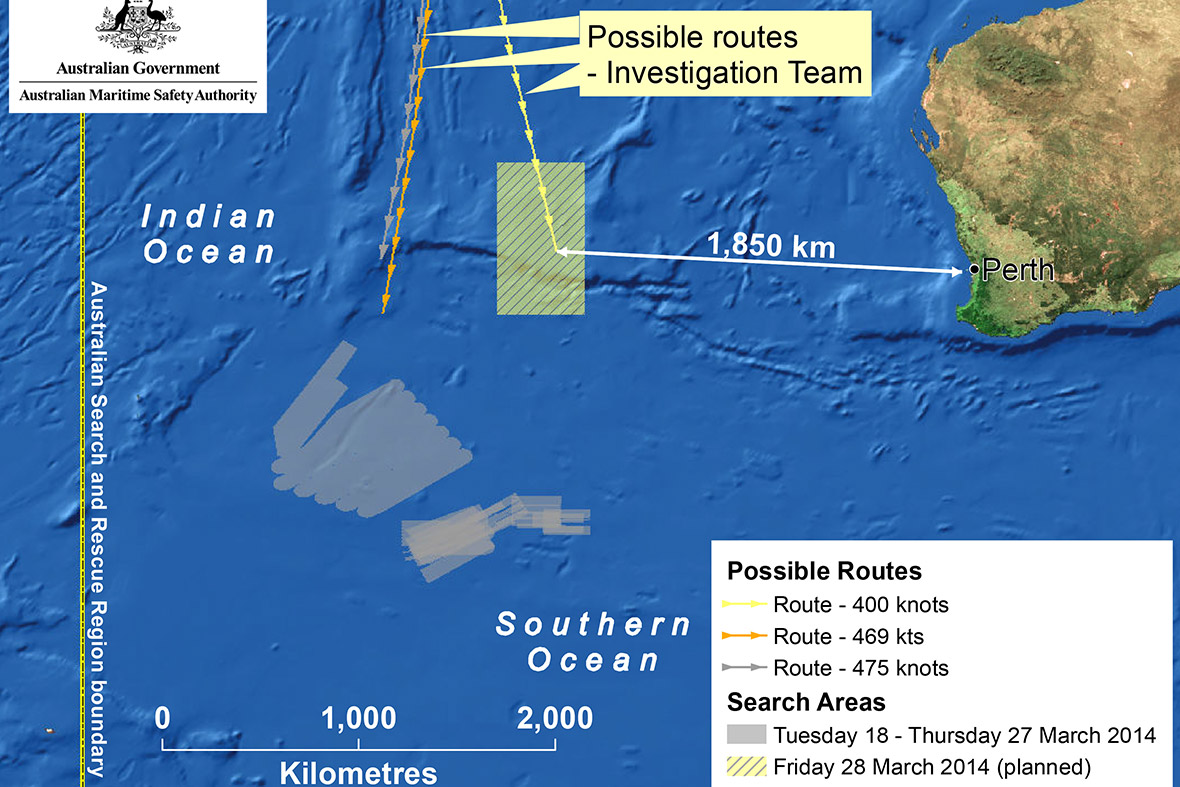 Satellite image shows a map of the planned search area for missing Malaysian Airlines Flight MH370. The search area has shifted closer to the western Australian coast after radar analysis suggested the airliner did not travel as far south as originally thought