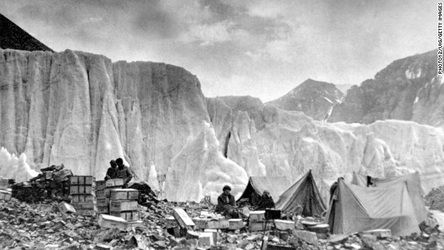 Explorers are seen in 1922 at Camp II on the East Rongbuk Glacier. That same year, seven Sherpas were killed when they were caught in an avalanche during an expedition led by George Mallory.