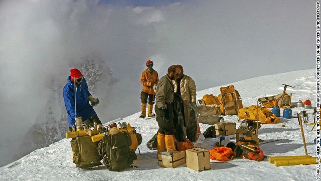 Members of a U.S. expedition team and Sherpas are shown with their climbing gear on Everest. The team, led by Jim Whittaker, reached the top on May 1, 1963, becoming the first Americans to do so. 