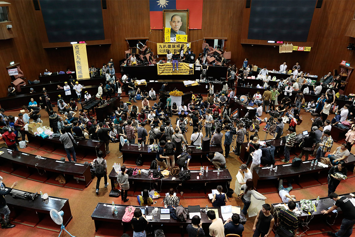 March 19, 2014: Students occupy the Taiwanese parliament building to protest against the ruling Kuomintang party ratifying a controversial trade agreement with China
