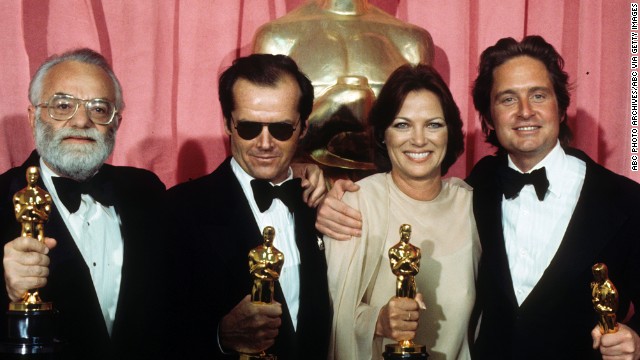 From left, producer Saul Zaentz, actor Jack Nicholson, actress Louise Fletcher and actor Michael Douglas pose with their Oscars at the 1976 Academy Awards ceremony. They all won for the film "One Flew Over the Cuckoo's Nest," which swept the major categories that year.