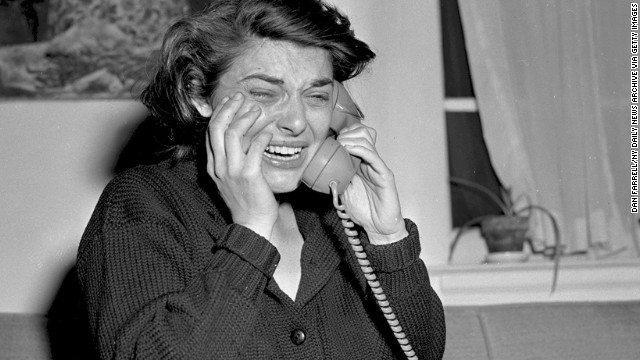 Anne Bancroft cries in her New York apartment as she accepts a congratulatory phone call following her win for "The Miracle Worker."